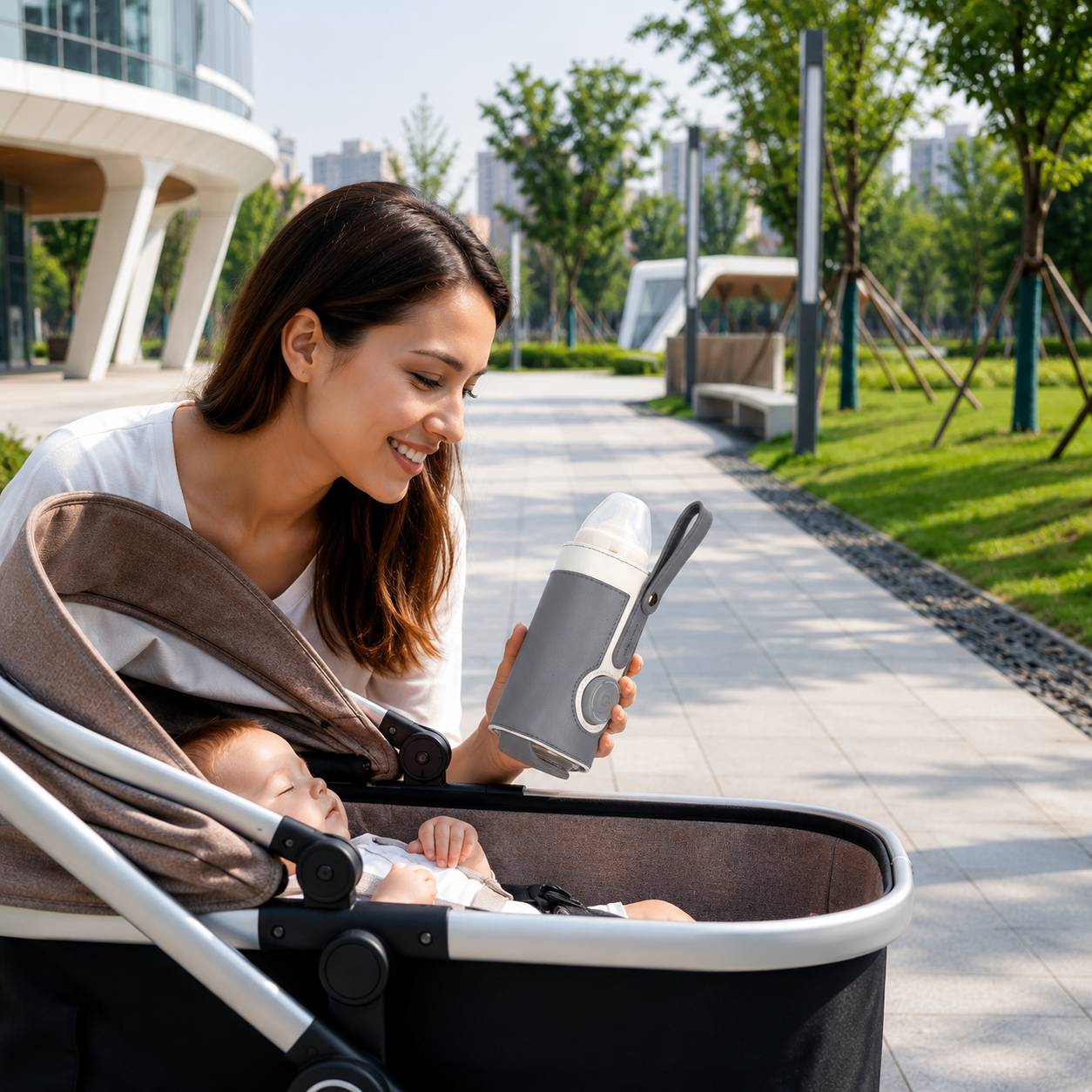 chauffe biberon nomade gris bebe poussette parc utilisation exterieur