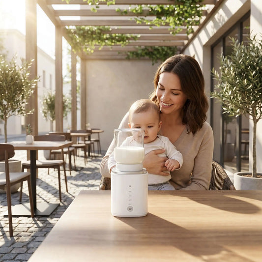 chauffe biberon nomade maman et bebe dans un cafe terrasse