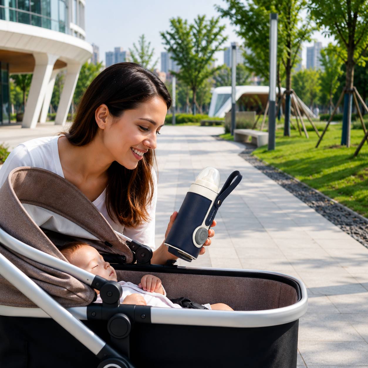 chauffe biberon nomade noir bebe poussette parc utilisation exterieur