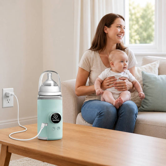 chauffe biberon nomade rechargeable vert pose sur table avec maman et bebe dans salon
