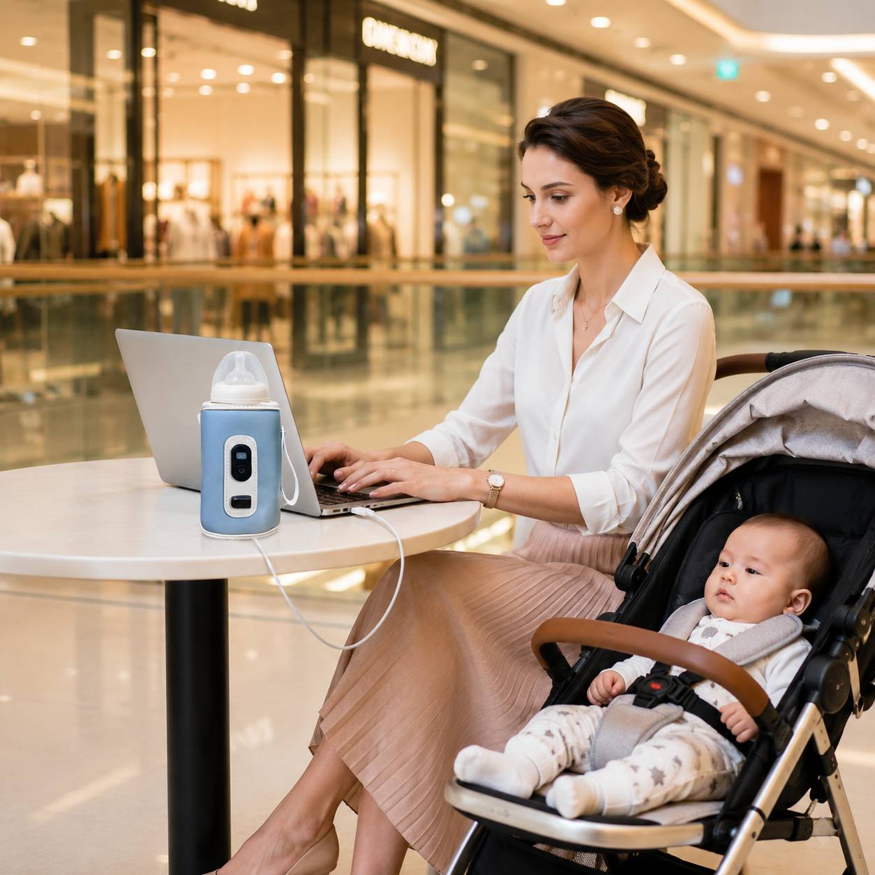 chauffe biberon nomade bleu utilise au cafe avec bebe en poussette