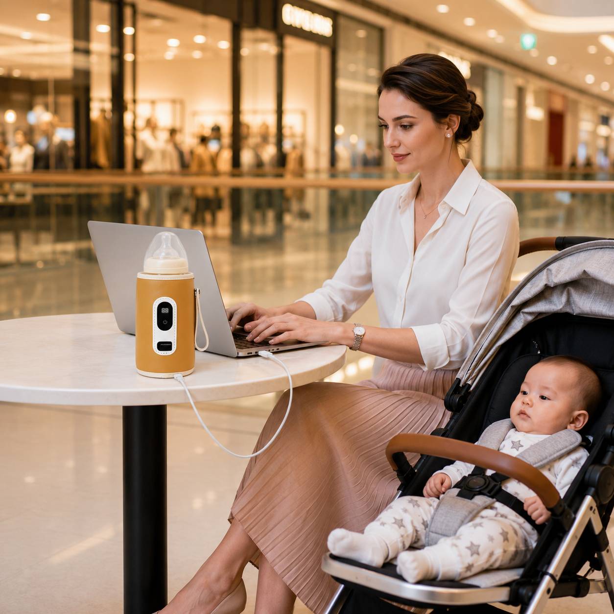 chauffe biberon nomade jaune utilise au cafe avec bebe en poussette
