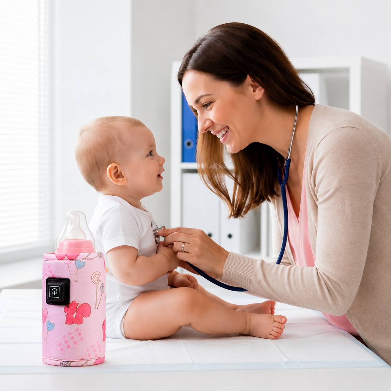 chauffe biberon nomade avec bebe ecureuil rose dans un environnement propre