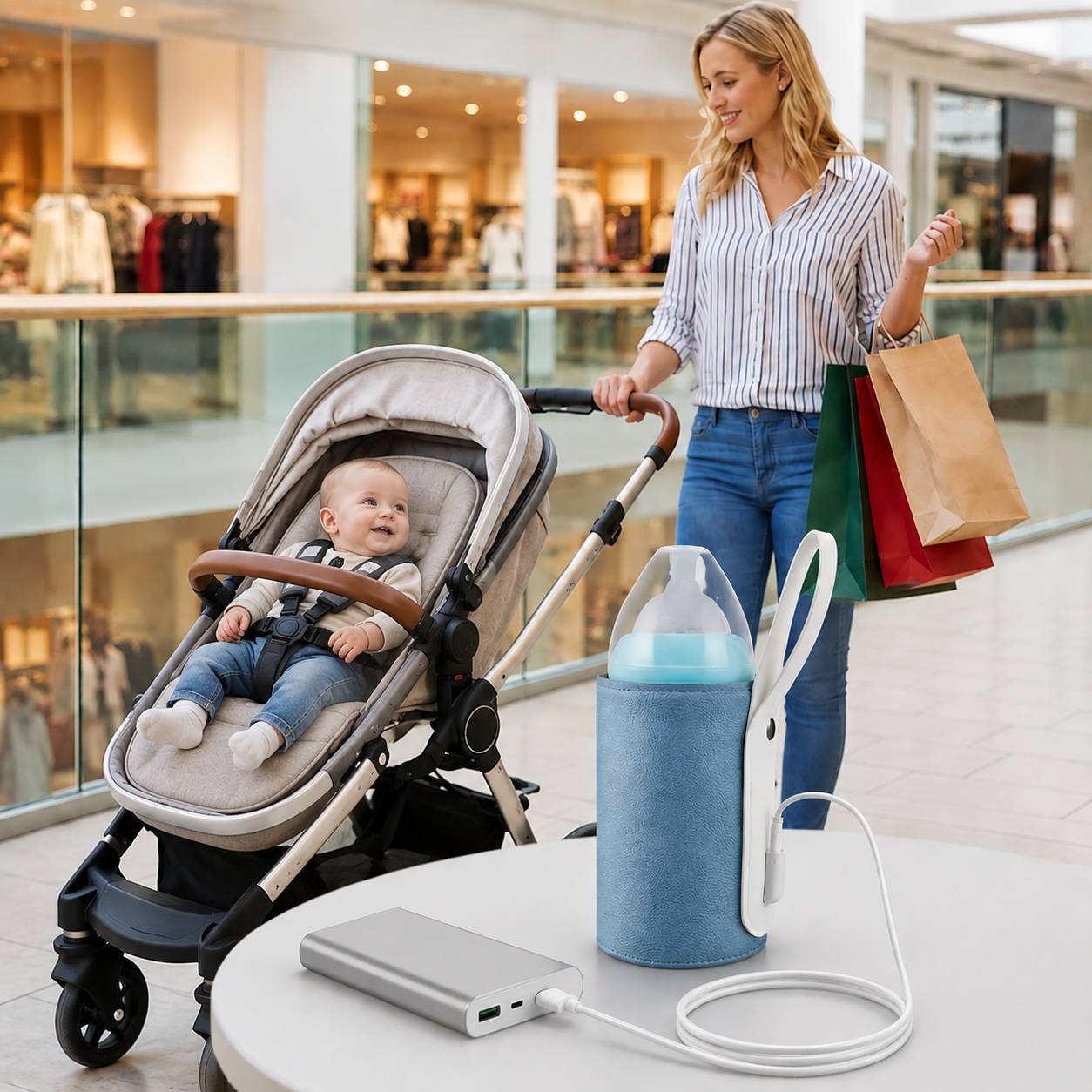 chauffe biberon nomade usb bleu avec poussette bebe dans un centre commercial moderne