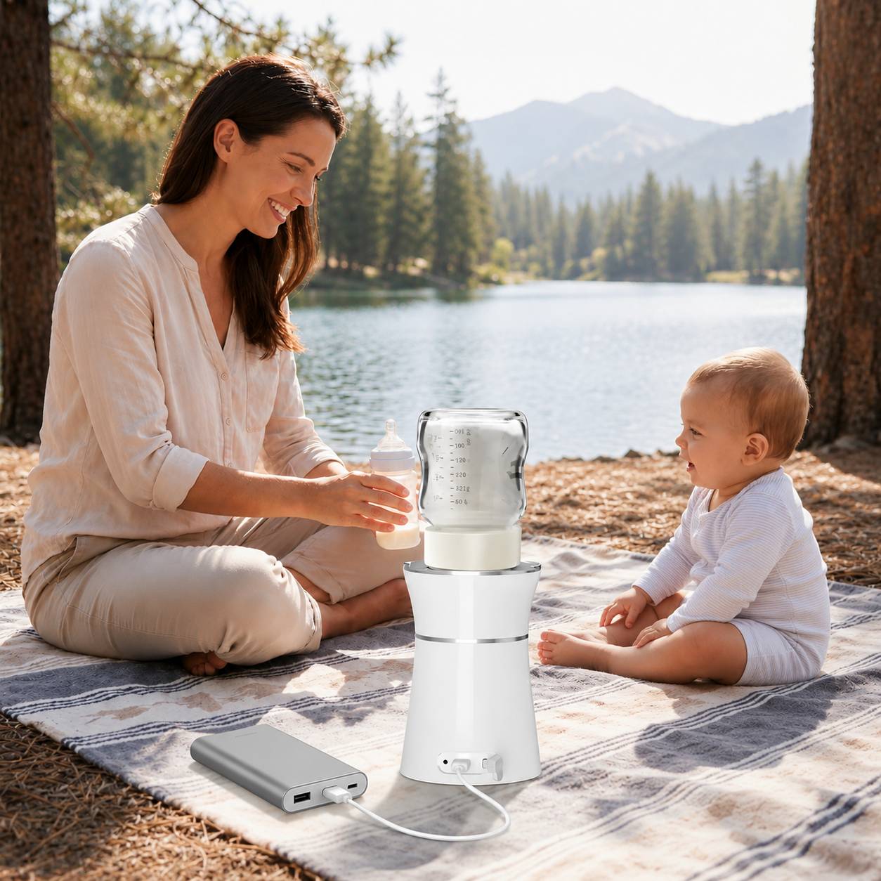Chauffe biberon portable sans fil utilise lors d’un pique-nique avec maman et bebe au bord du lac