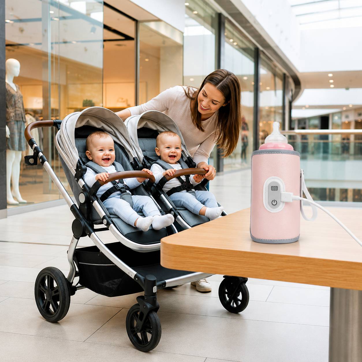 Chauffe biberon portable USB rose sur une table dans un centre commercial moderne