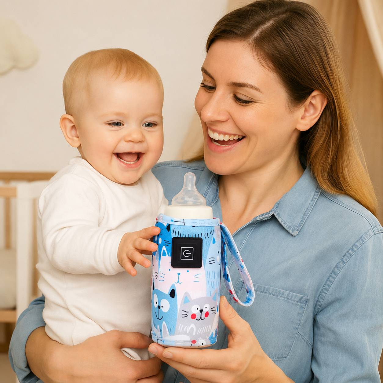 chauffe biberon portable bleu maman bebe sourire produit en situation