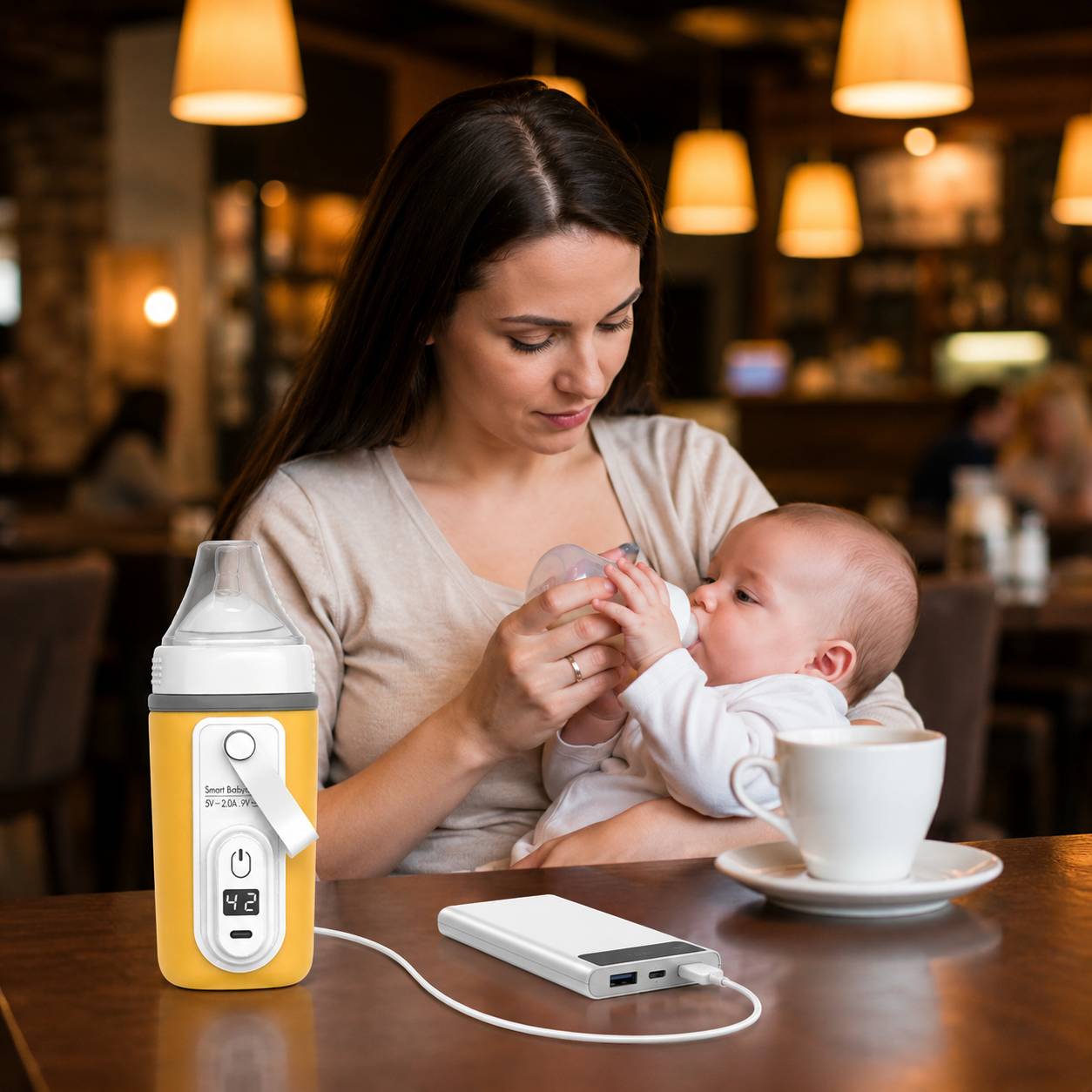 chauffe biberon portatif jaune usb utilise par une maman avec son bebe au restaurant