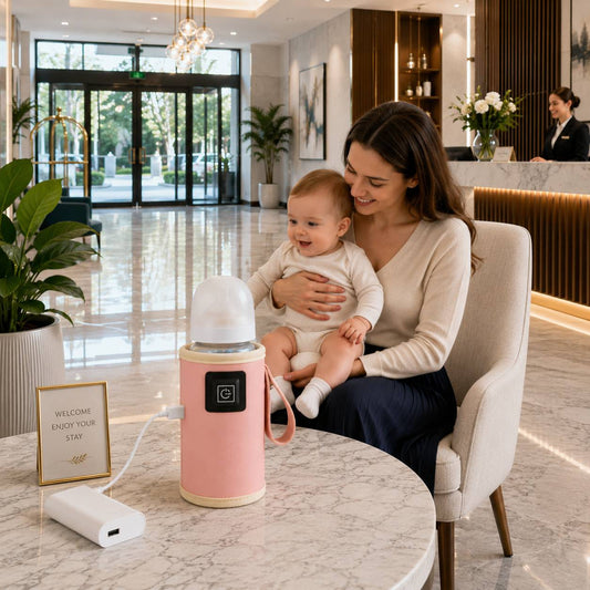 chauffe biberon portatif rose usb avec bebe dans hotel moderne utilisation nomade