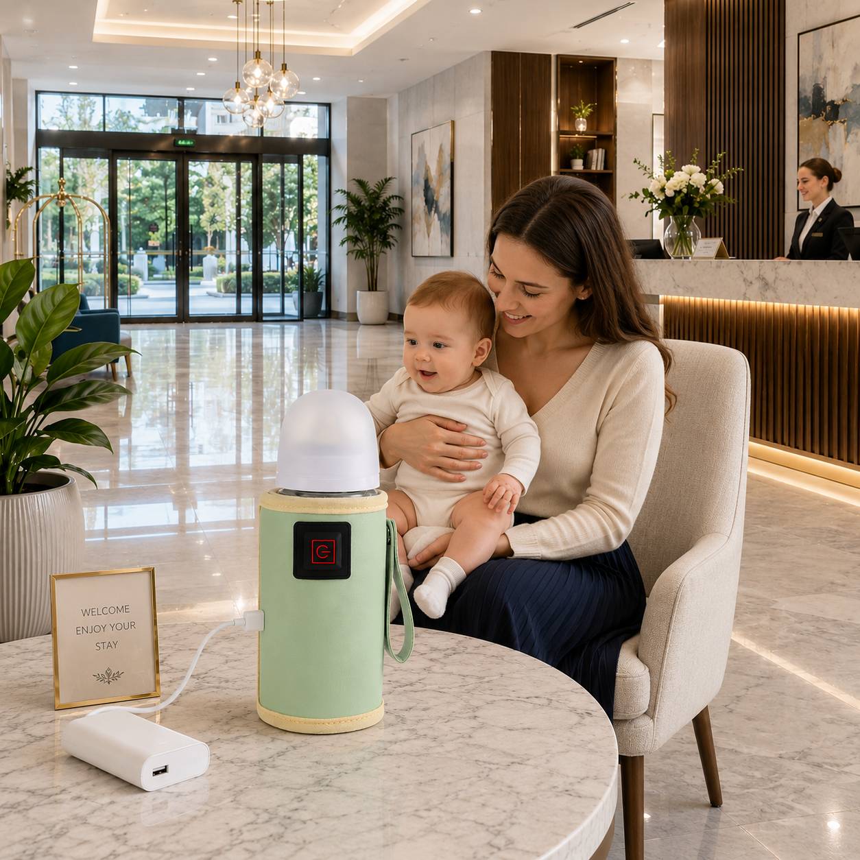 chauffe biberon portatif vert usb avec bebe dans hotel moderne utilisation nomade