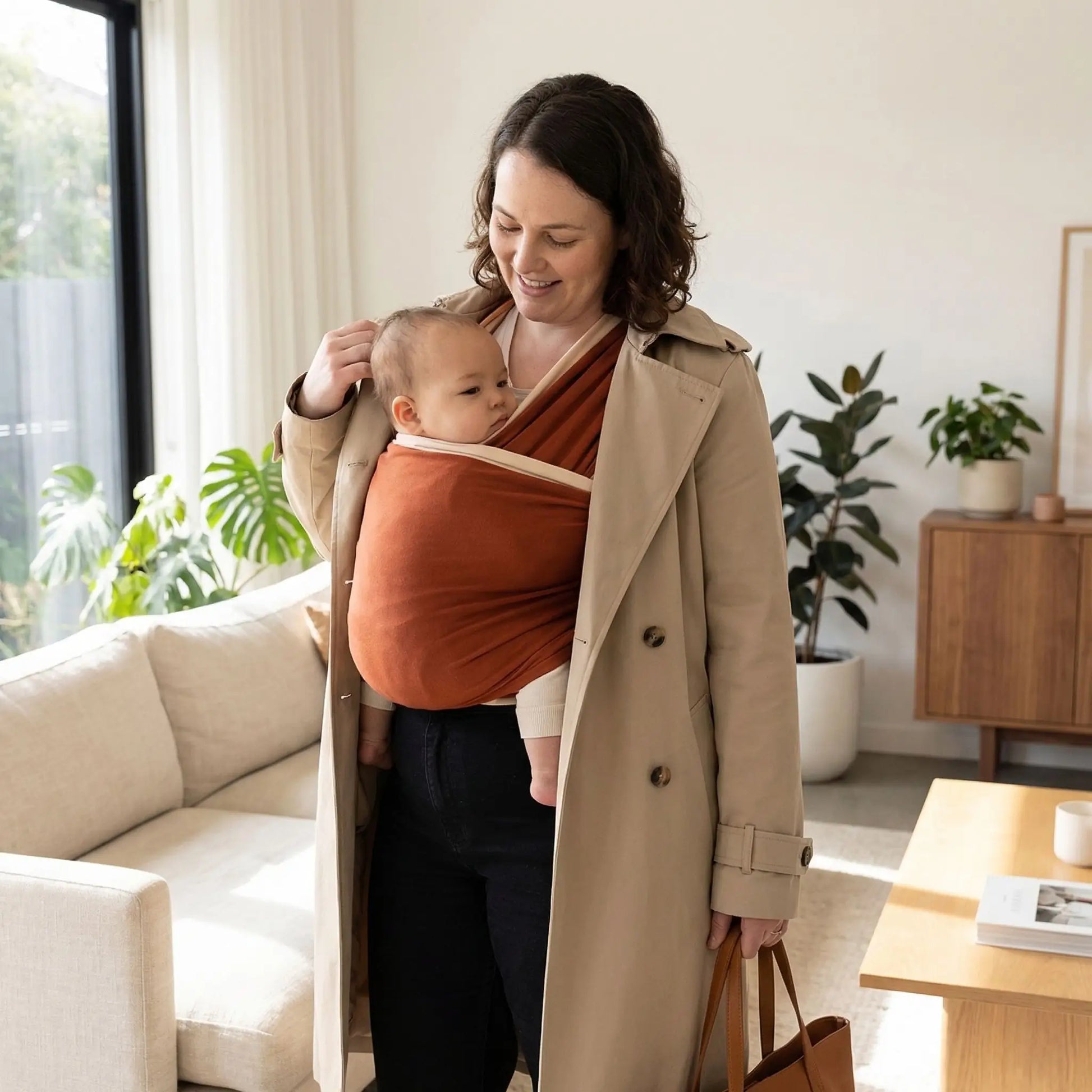 maman portant son bebe avec une echarpe de portage bebe marron lors dune sortie elegante bebe calme