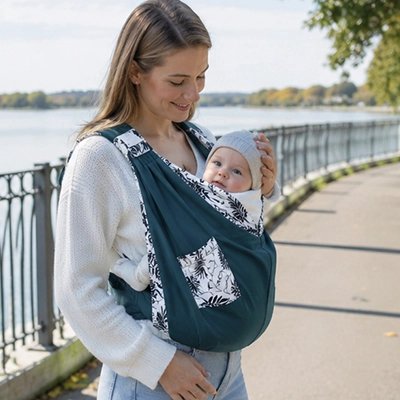 Echarpe de portage bleu foncé avec bébé en portage ventral lors d'une balade au bord de l'eau