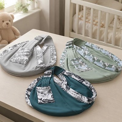 Echarpe de portage en coton avec motifs feuillage présentée pliée avec sa pochette assortie