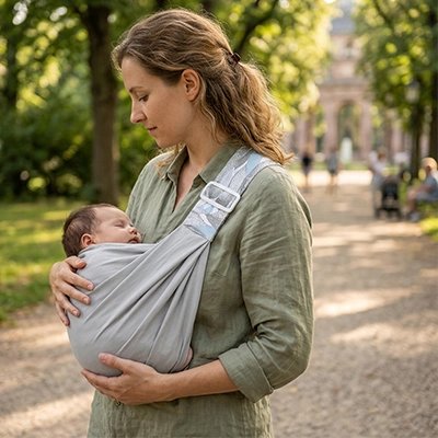 Echarpe de portage grise utilisée par une maman lors d'une promenade avec son bébé en extérieur