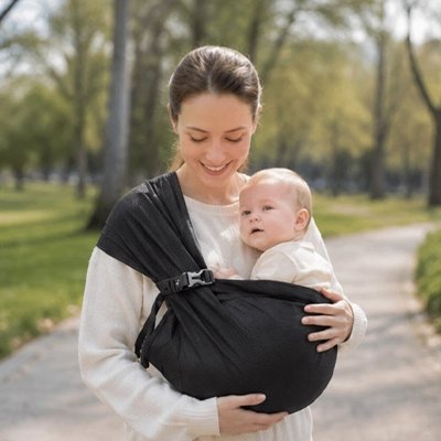 Echarpe de portage noire offrant un portage confortable pour bébé lors d'une sortie au parc