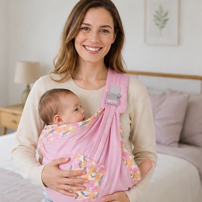 Echarpe de portage rose avec bébé porté contre sa maman dans un intérieur lumineux