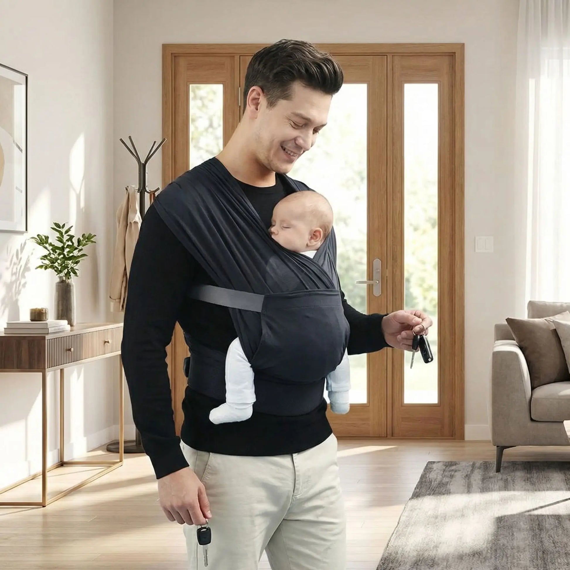 echarpe de portage bebe facile sans noeud installation rapide parent au salon