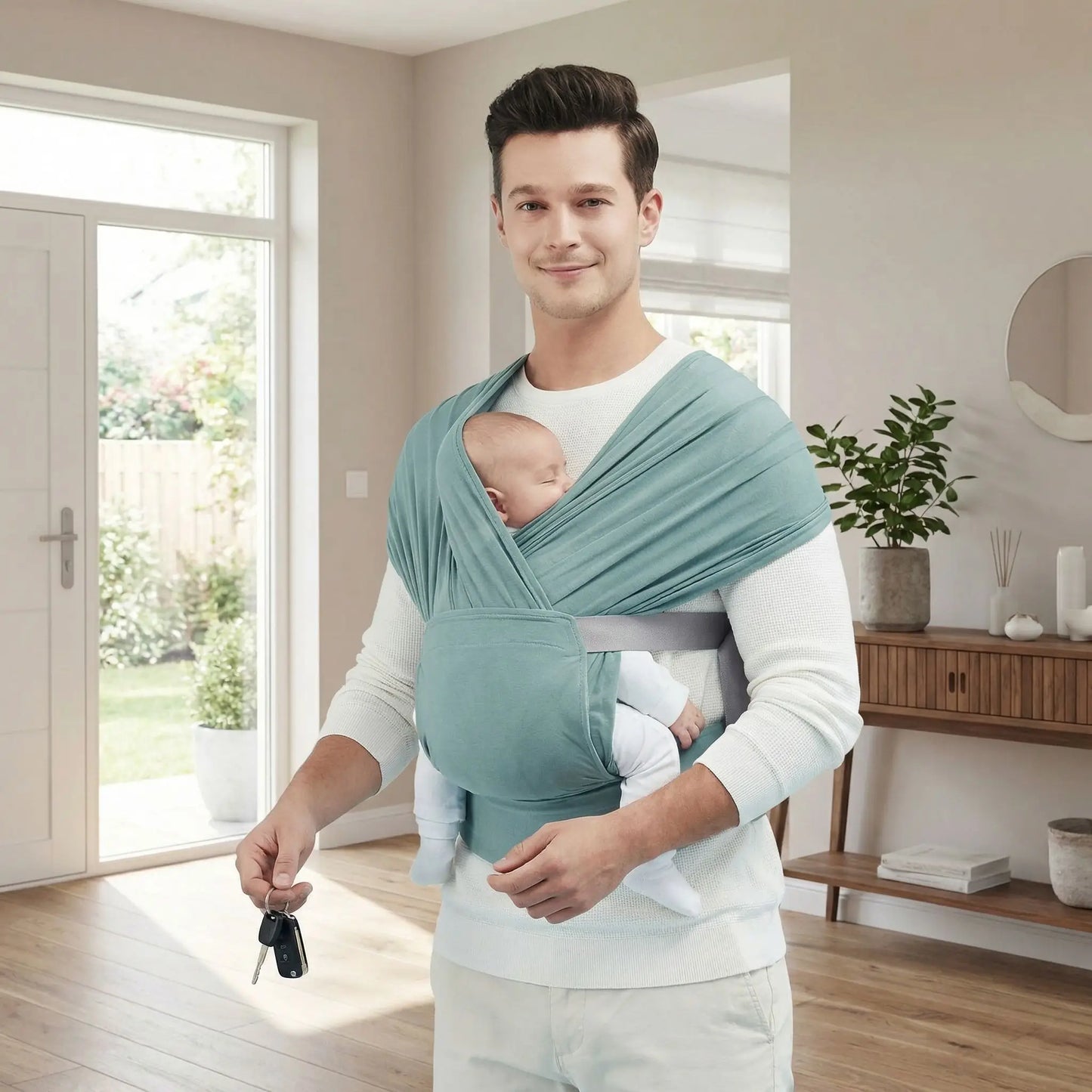echarpe de portage bebe tissu croise papa avec nouveau ne a la maison