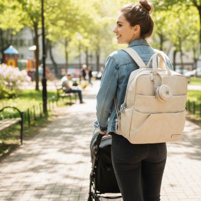 maman au parc avec sac a langer sac a dos bebe de couleur creme porte sur le dos