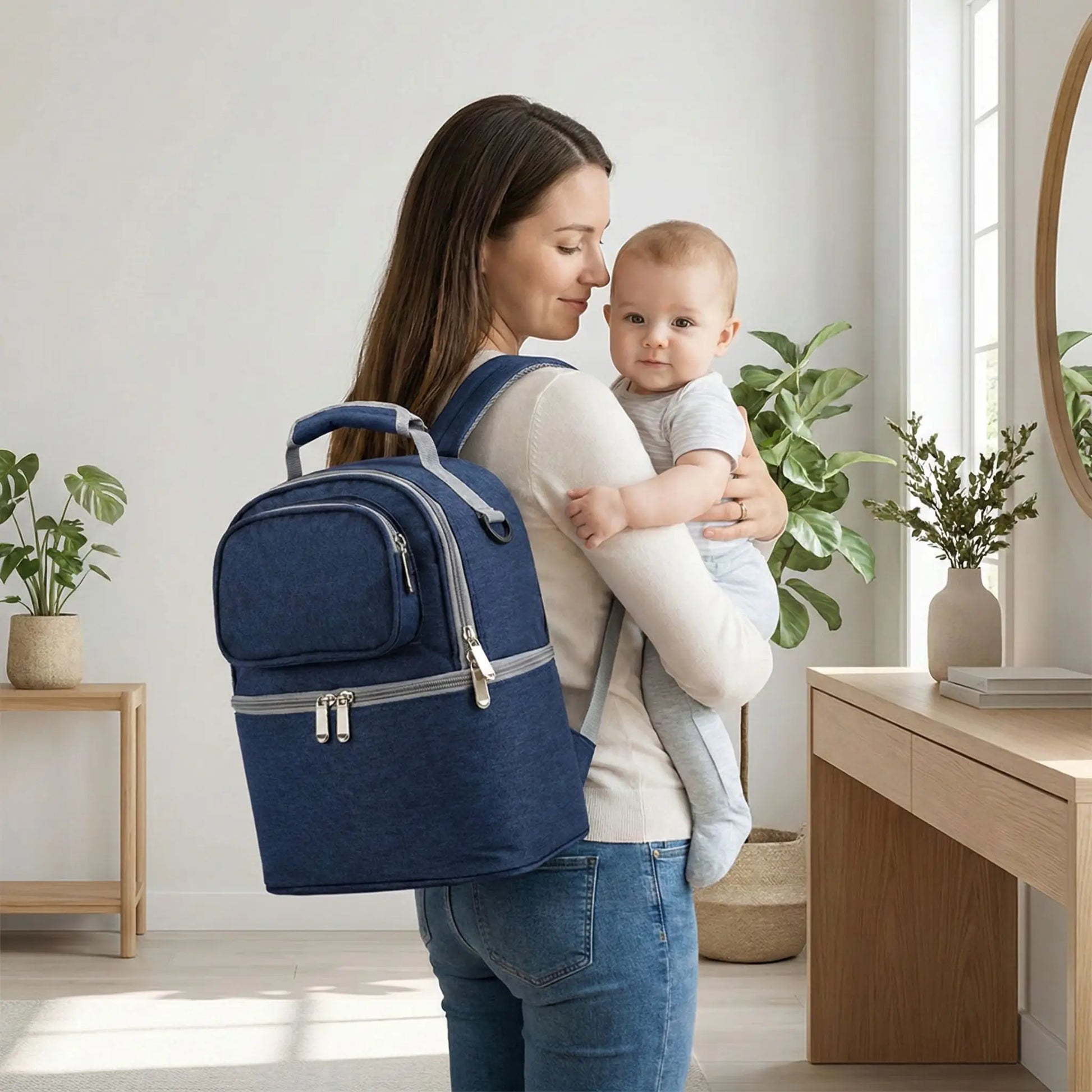 maman portant sac isotherme bebe bleu au dos avec bebe dans les bras 