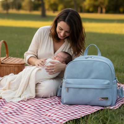 Maman et bebe au parc utilisant un sac a dos a langer bleu pour les sorties avec bebe