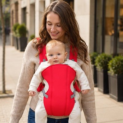 Maman utilisant un porte bebe ergonomique pour porter son bebe en toute securite