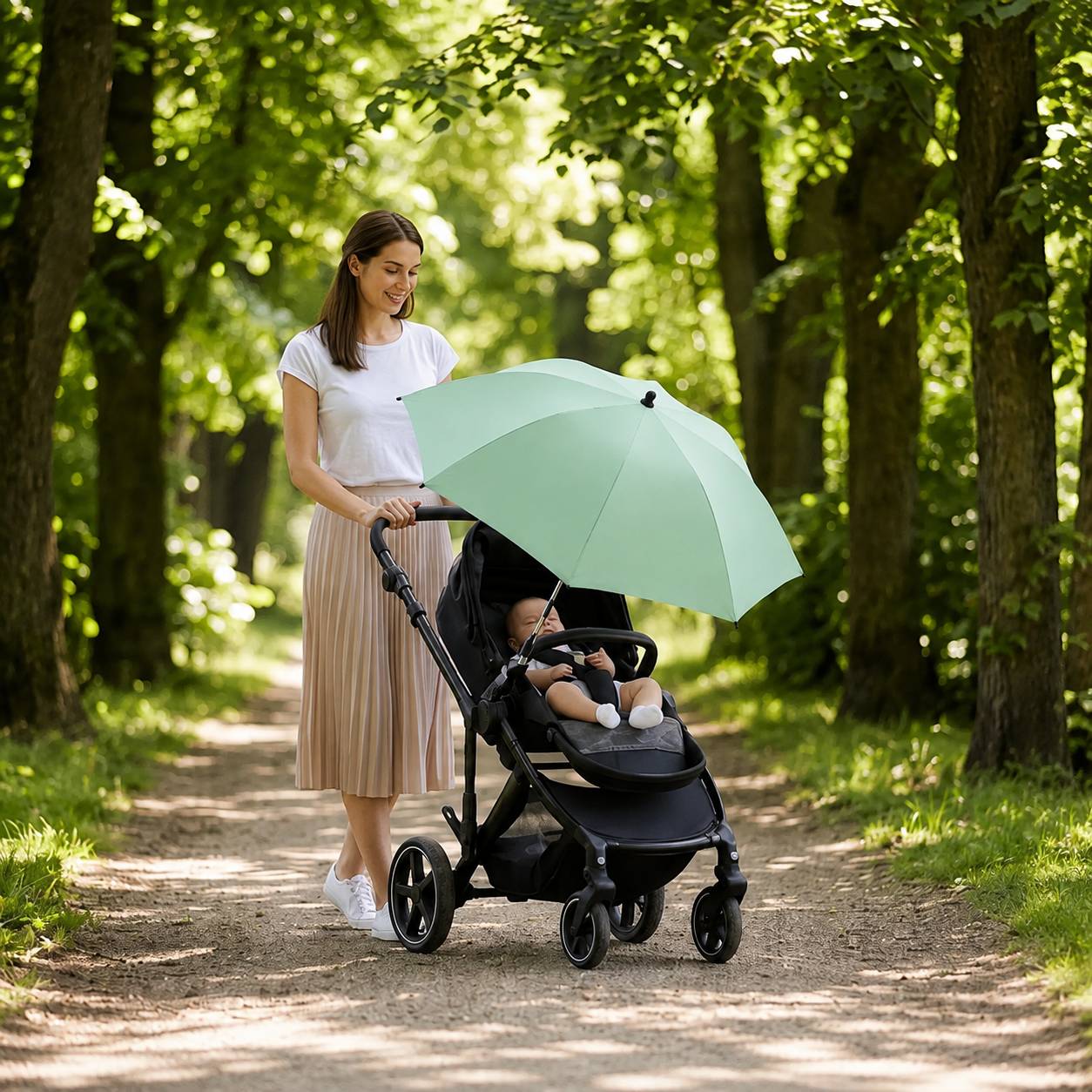 Ombrelle pour poussette offrant une protection solaire lors d'une balade en forêt
