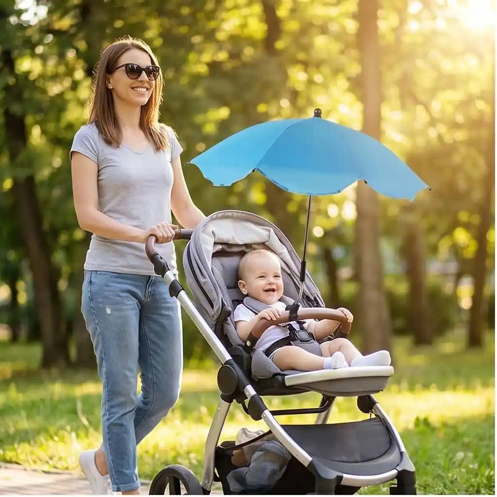 Ombrelle pour poussette bleue protégeant bébé des rayons du soleil