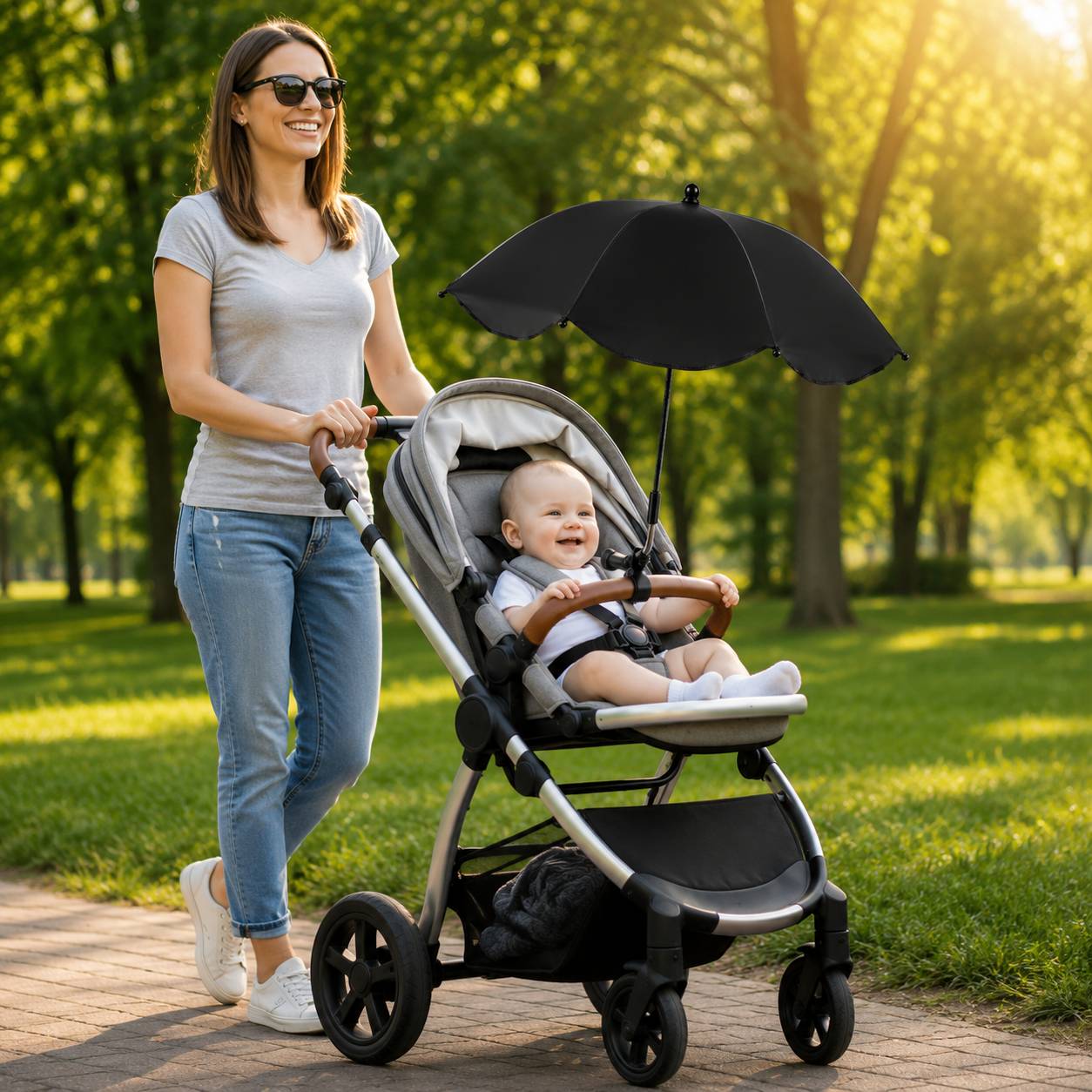 Ombrelle pour poussette noir protégeant bébé des rayons du soleil