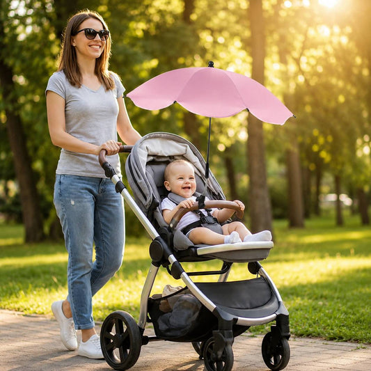 Ombrelle pour poussette rose protégeant bébé des rayons du soleil