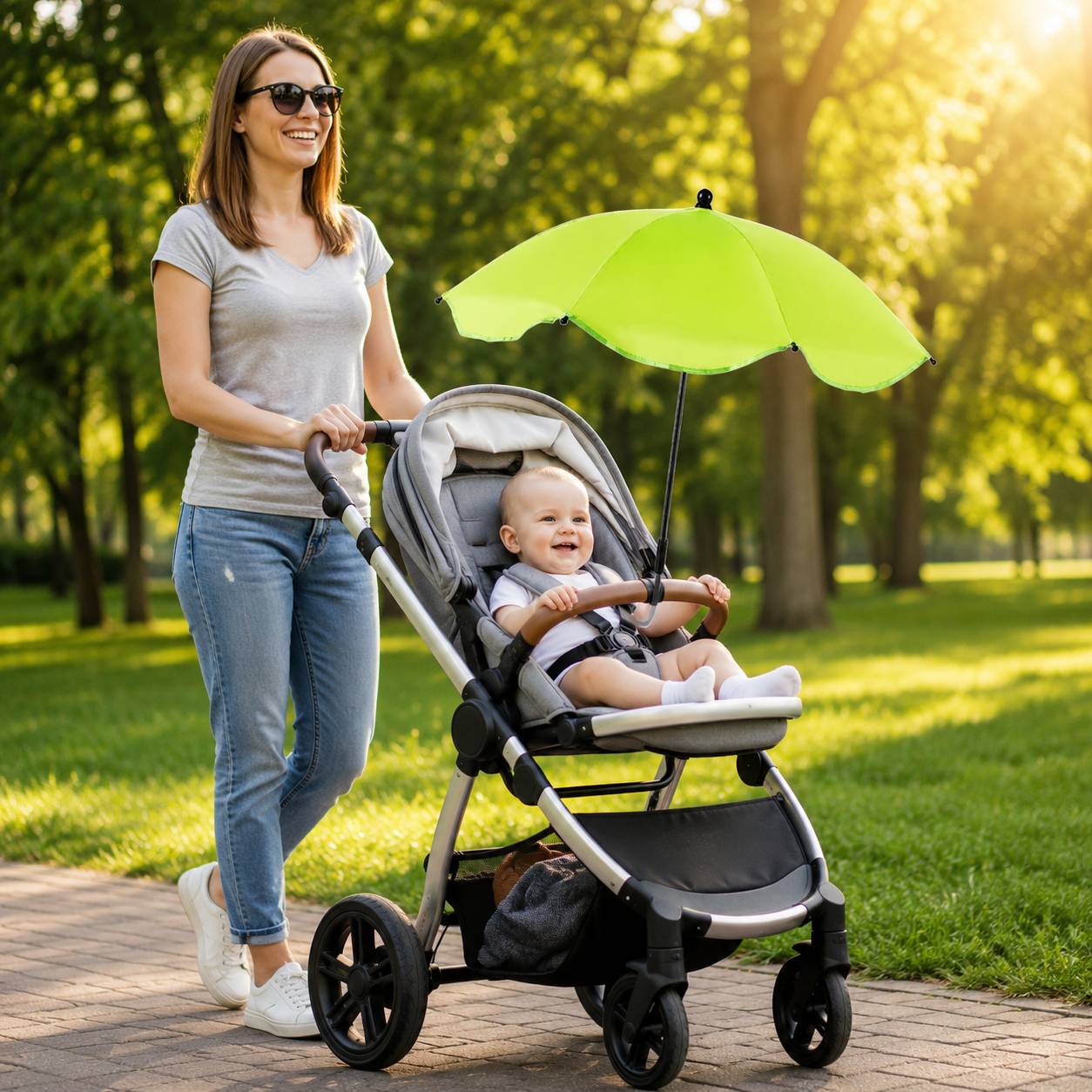 Ombrelle pour poussette verte protégeant bébé des rayons du soleil