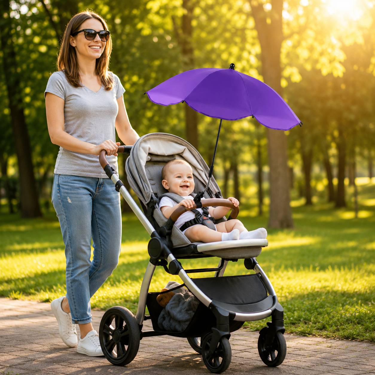 Ombrelle pour poussette violette protégeant bébé des rayons du soleil
