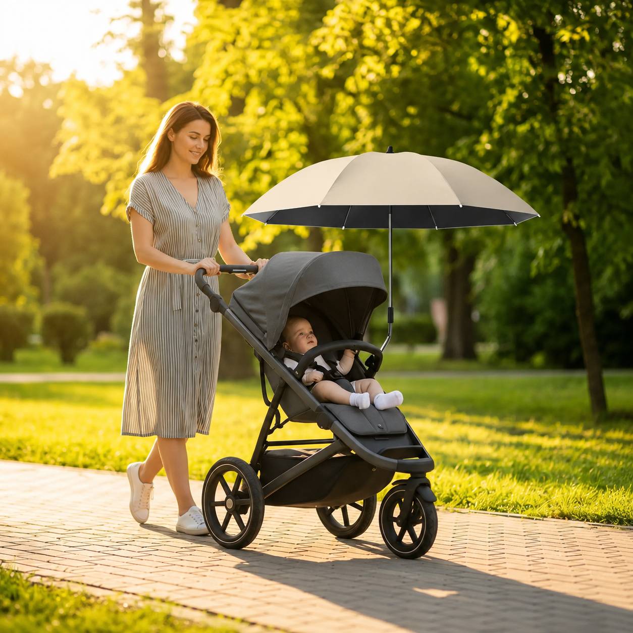 ombrelle poussette beige protégeant un bébé pendant une promenade au soleil