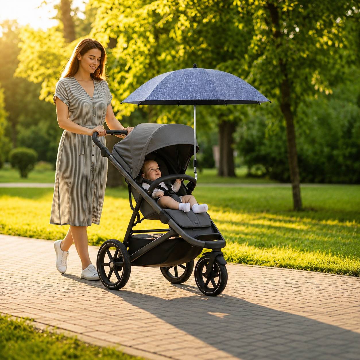 ombrelle poussette bleue protégeant un bébé pendant une promenade au soleil