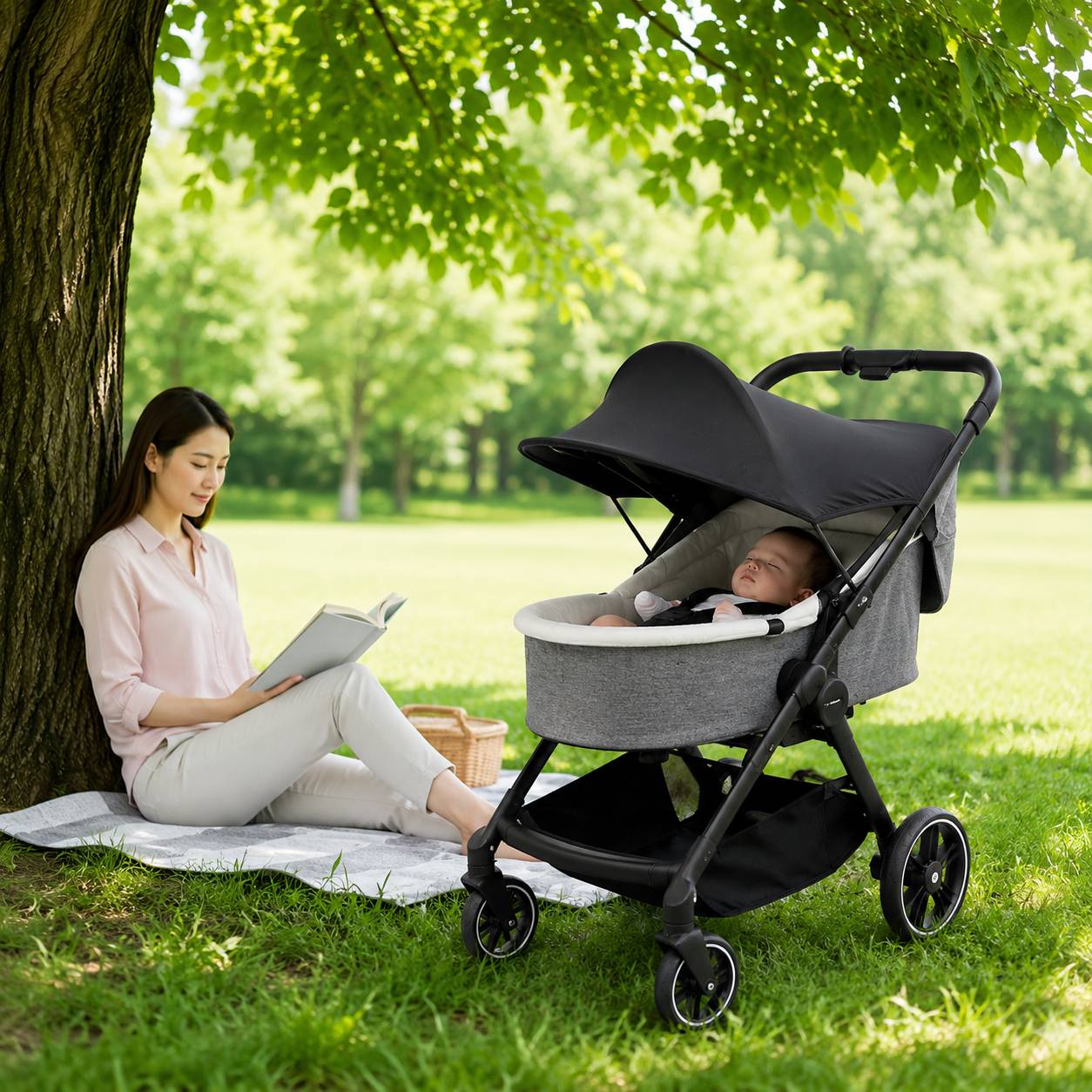 Ombrelle poussette noire protégeant bébé des rayons du soleil lors d'une sortie en plein air.