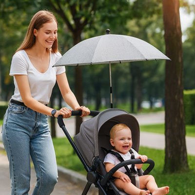 Ombrelle poussette protégeant un bébé lors d'une promenade 