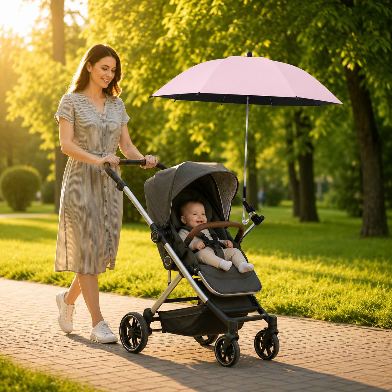 ombrelle poussette rose protégeant un bébé pendant une promenade au soleil