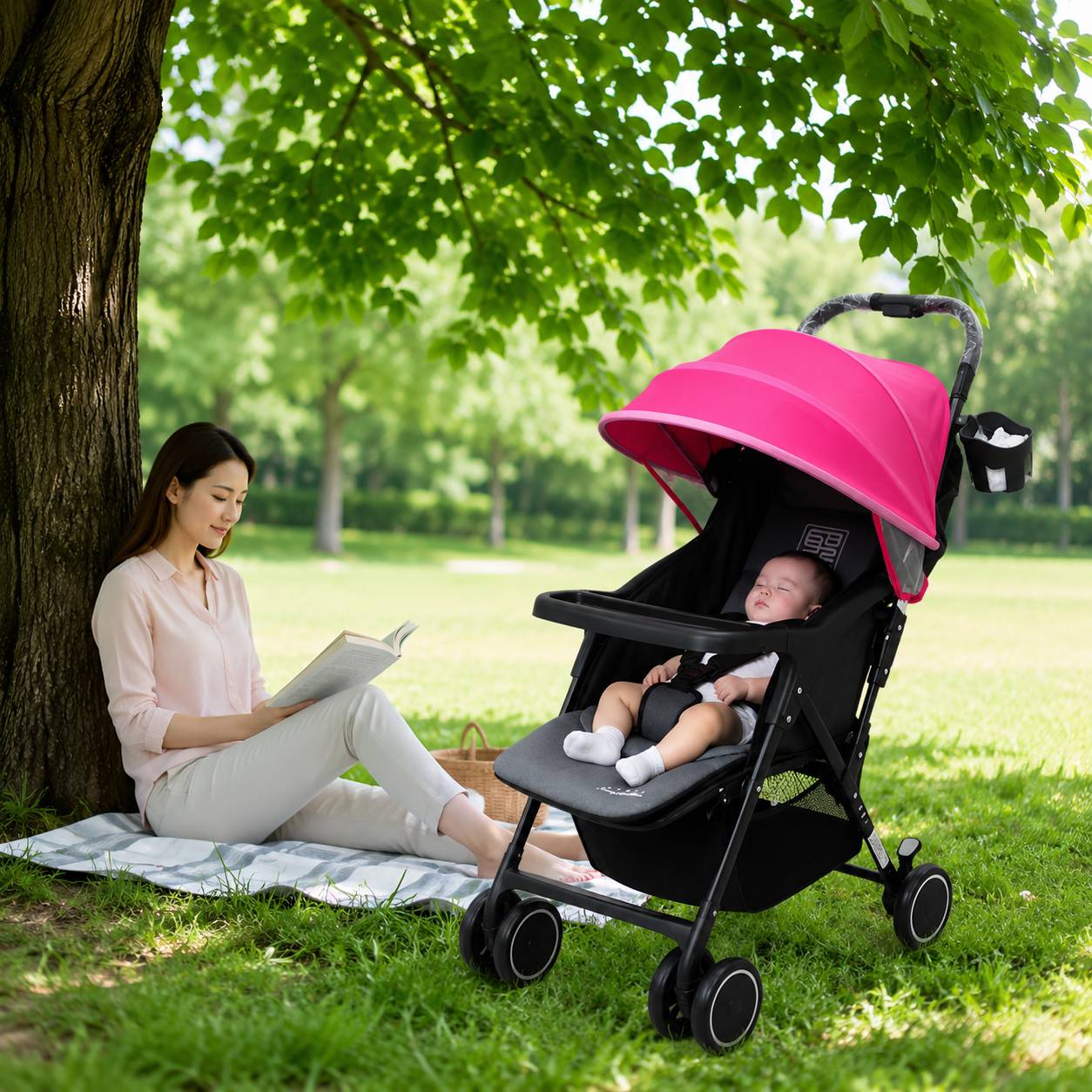 Ombrelle poussette rose protégeant bébé des rayons du soleil lors d'une sortie en plein air.