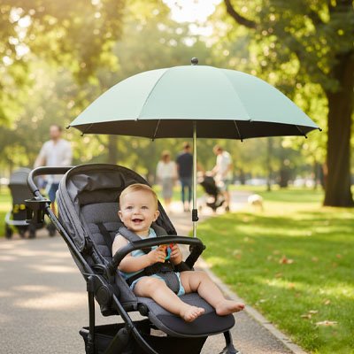 Ombrelle poussette universelle protégeant un bébé lors d'une promenade en parc ensoleillé