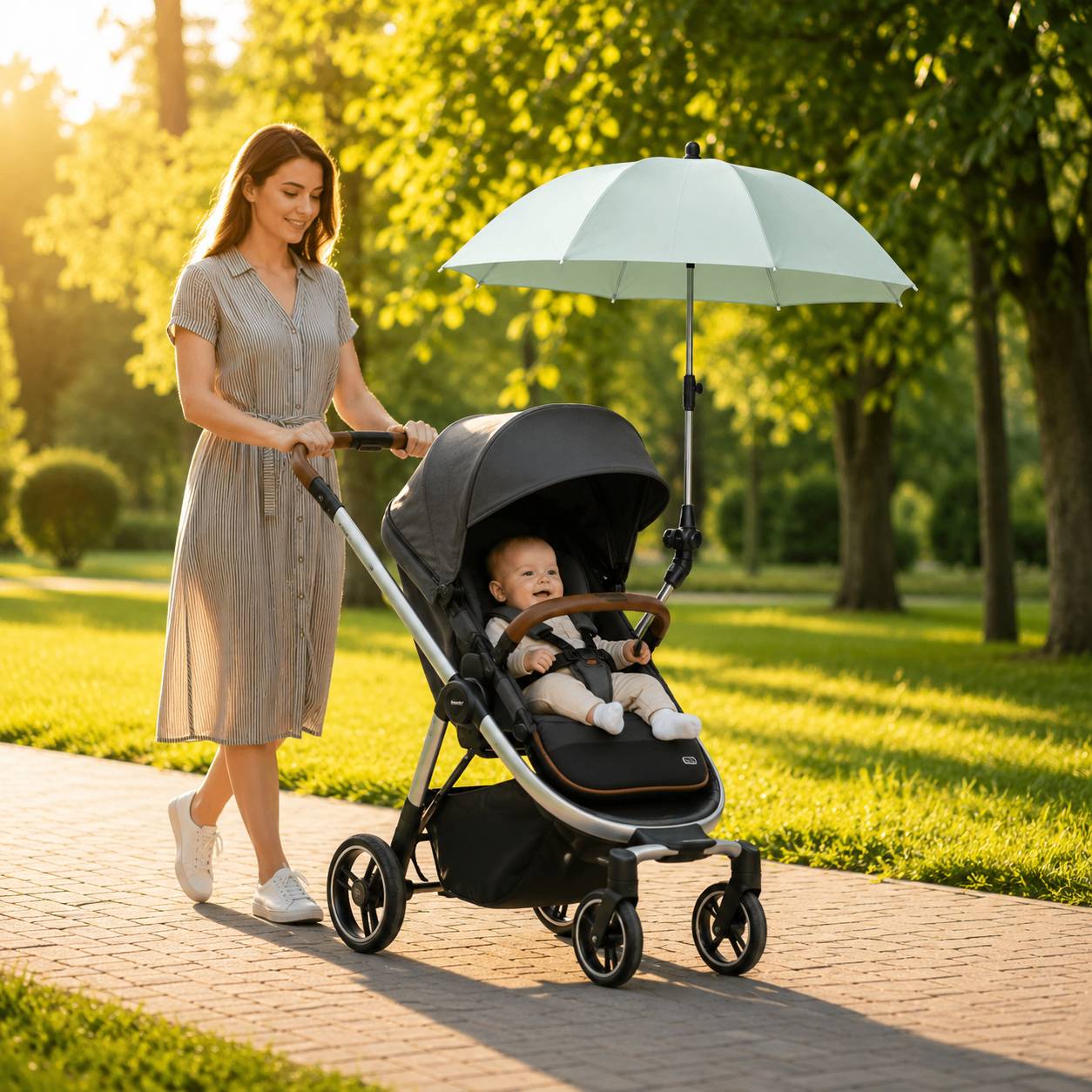 ombrelle poussette vert protégeant un bébé pendant une promenade au soleil