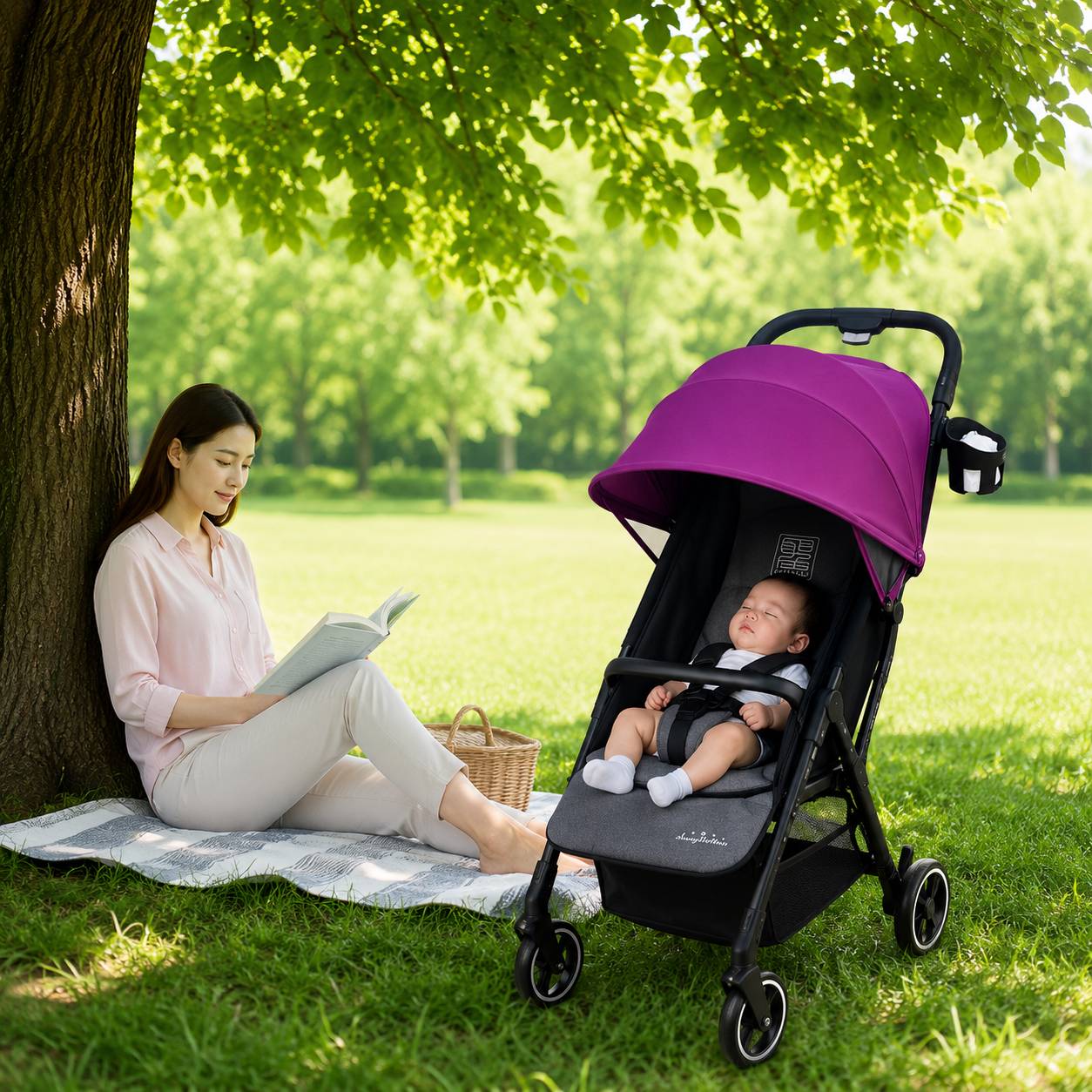 Ombrelle poussette violette  protégeant bébé des rayons du soleil lors d'une sortie en plein air.
