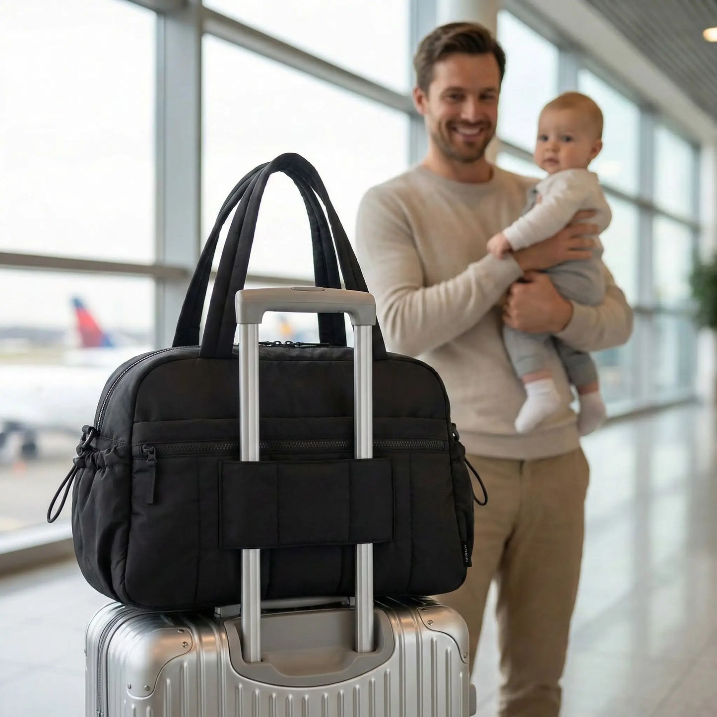 papa et bebe a laeroport avec sac a langer portable cabine noir fixe sur valise trolley