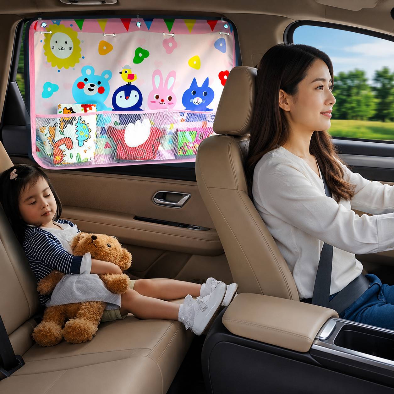 Pare soleil bebe voiture avec motif animaux colores protegeant un enfant des rayons du soleil
