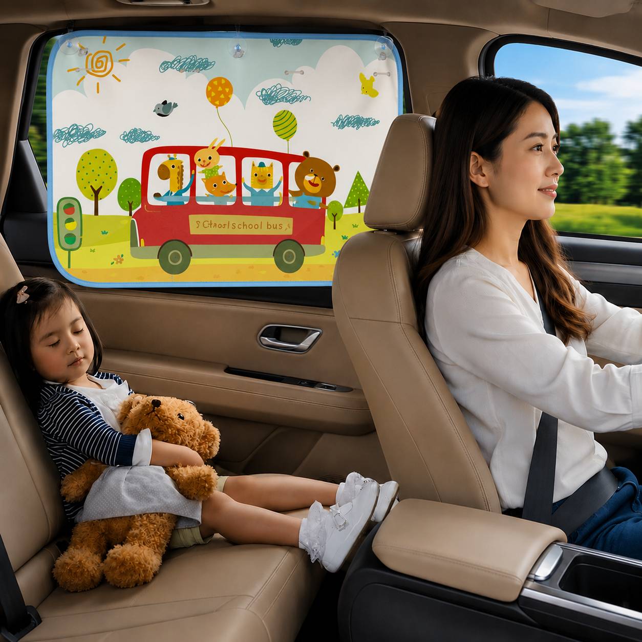Pare soleil bebe voiture avec motif bus protegeant un enfant des rayons du soleil
