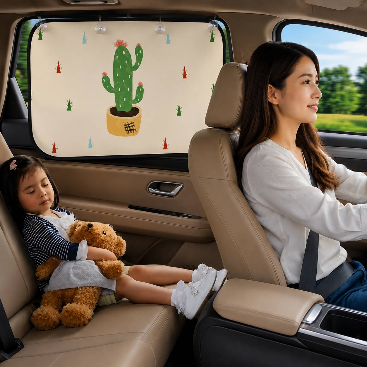 Pare soleil bebe voiture avec motif cactus protegeant un enfant des rayons du soleil