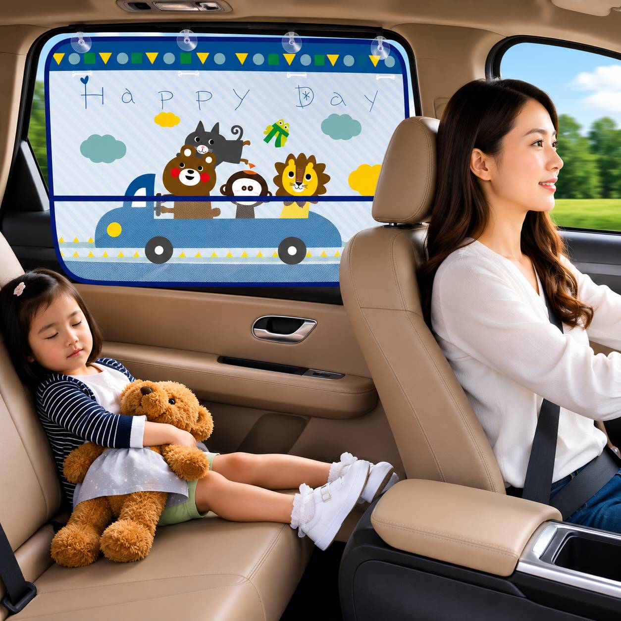 Pare soleil bebe voiture avec motif voyage protegeant un enfant des rayons du soleil