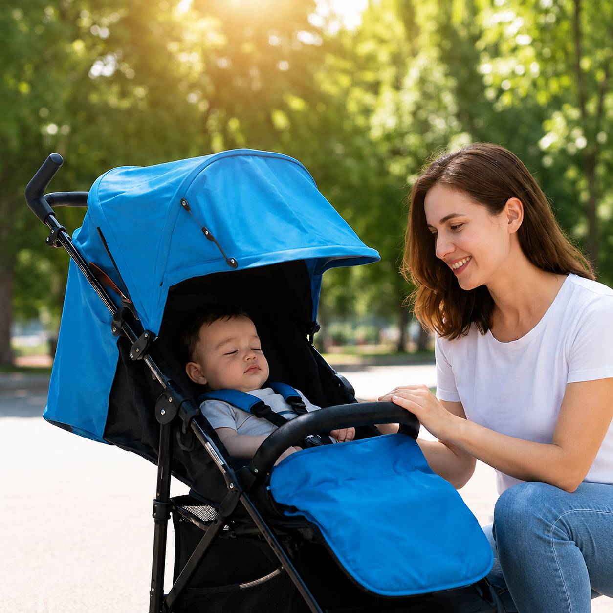 Pare soleil pour poussette bleu assurant une protection solaire confortable pour bébé