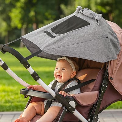 pare soleil pour poussette gris anti uv avec fenetre de surveillance bebe