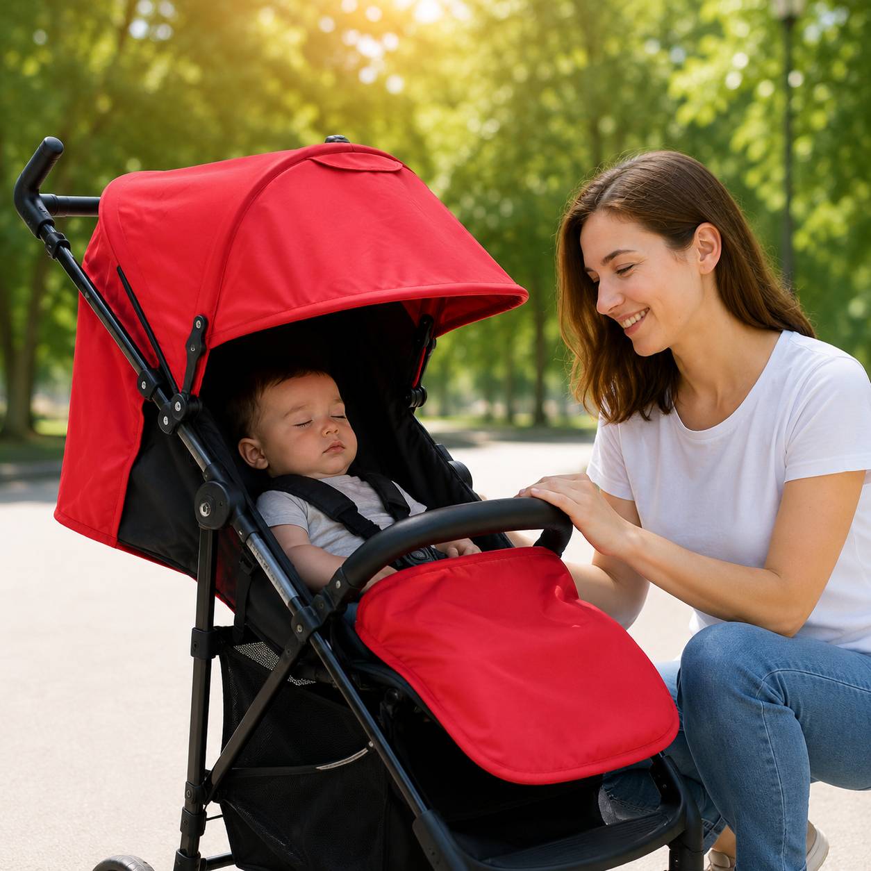 Pare soleil pour poussette rouge assurant une protection solaire confortable pour bébé