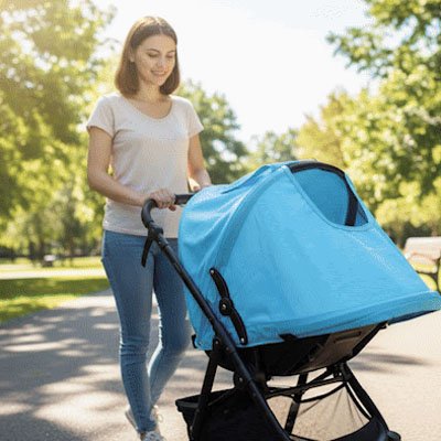 Pare soleil poussette bleu offrant une protection contre le soleil pendant les sorties avec bébé